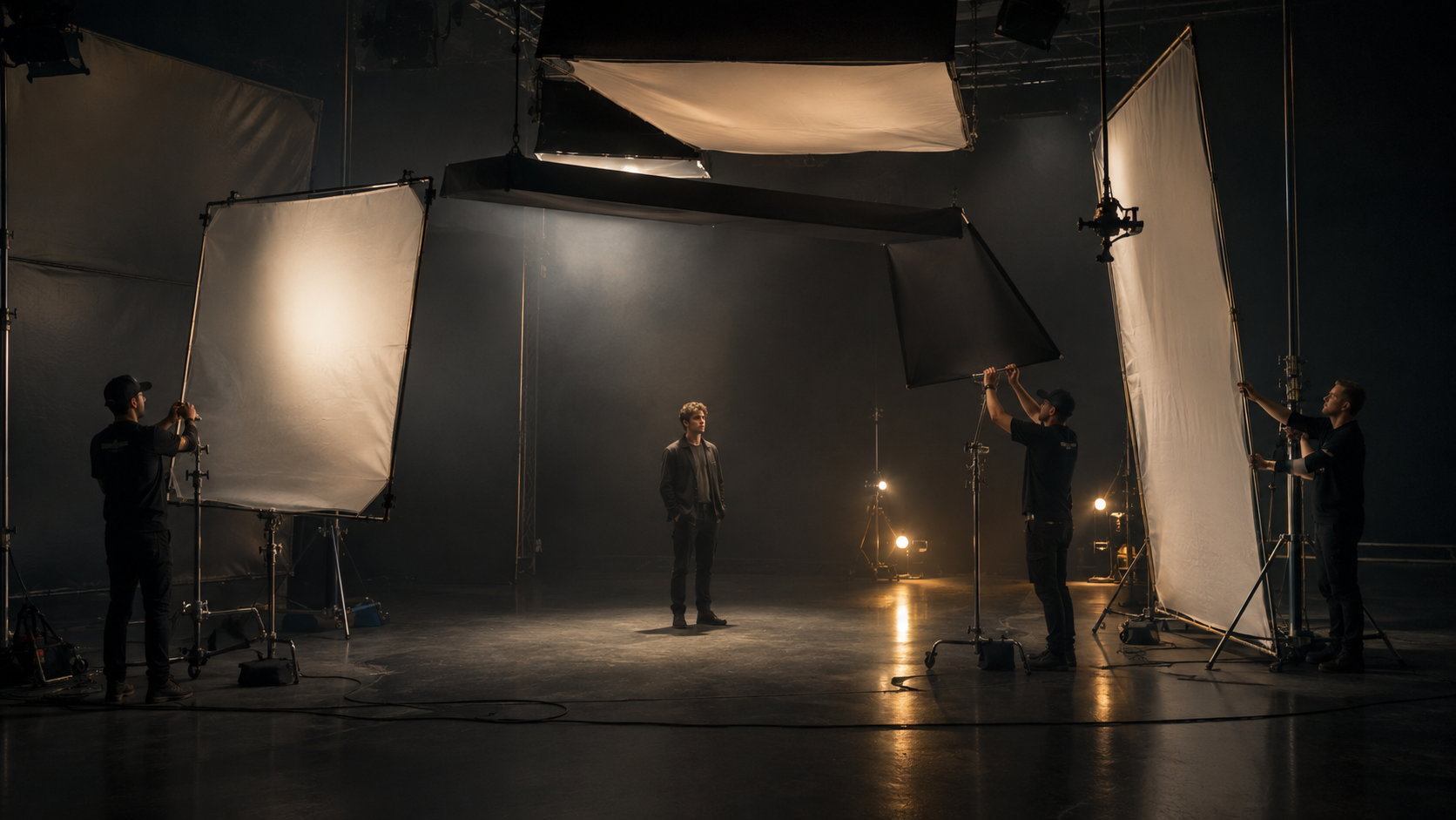 Lichtcrew auf einer großen Studiobühne